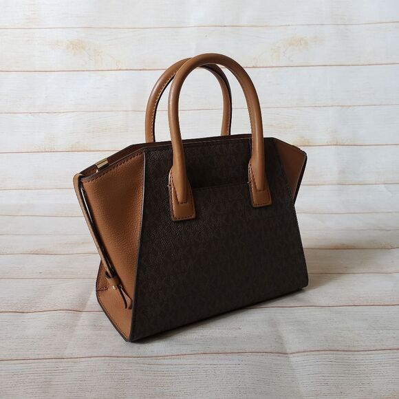 Michael Kors Signature Logo Avril Top Zip Satchel/Crossbody Handbag Small Brown - Picture 4 of 16